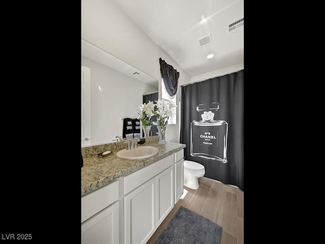 bathroom with hardwood / wood-style flooring, vanity, and toilet