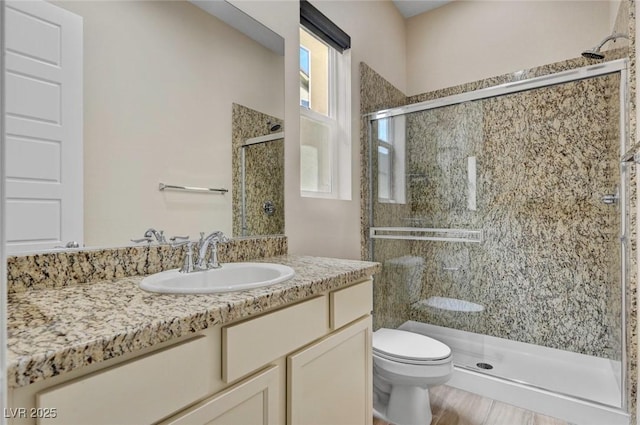 bathroom featuring vanity, an enclosed shower, and toilet