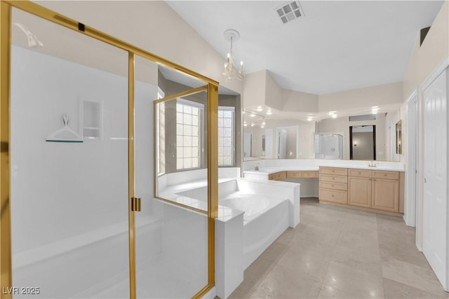 bathroom featuring tile patterned flooring, vanity, separate shower and tub, and lofted ceiling