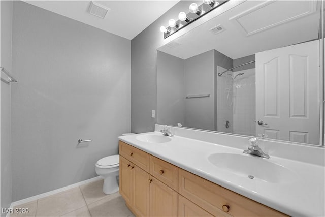 bathroom with tile patterned flooring, vanity, toilet, and walk in shower