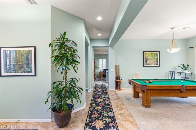 recreation room with pool table and light colored carpet