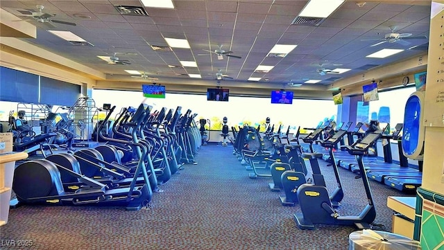 exercise room featuring a drop ceiling, plenty of natural light, and ceiling fan