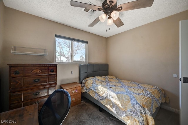 bedroom with dark colored carpet, ceiling fan, and a textured ceiling