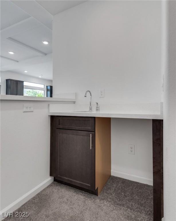 kitchen featuring dark brown cabinetry, carpet flooring, and sink