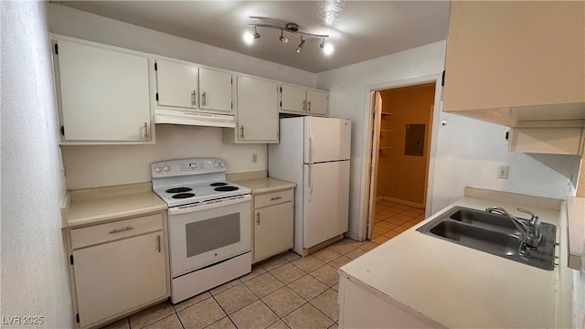 kitchen with light tile patterned flooring, sink, white cabinetry, electric panel, and white appliances