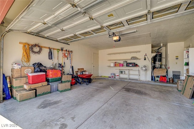 garage featuring a garage door opener and strapped water heater