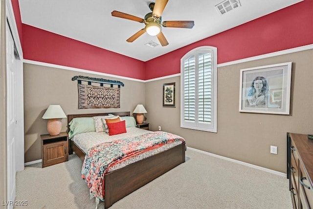 carpeted bedroom featuring ceiling fan