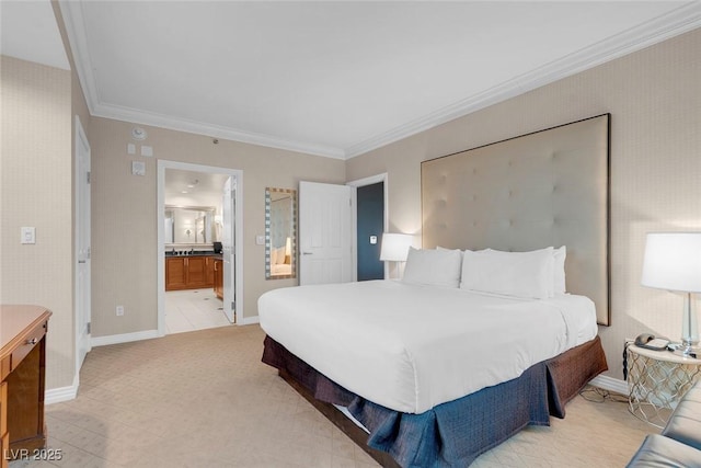 bedroom with wallpapered walls, ornamental molding, connected bathroom, and baseboards