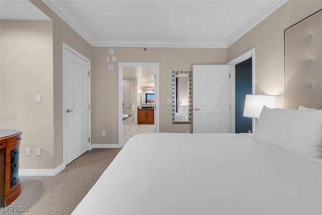 bedroom with baseboards, light floors, connected bathroom, and crown molding