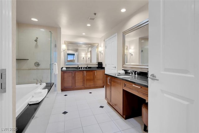 full bath with recessed lighting, visible vents, vanity, a shower stall, and a bath