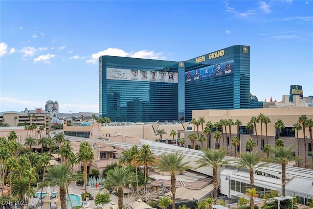 view of building exterior with a city view