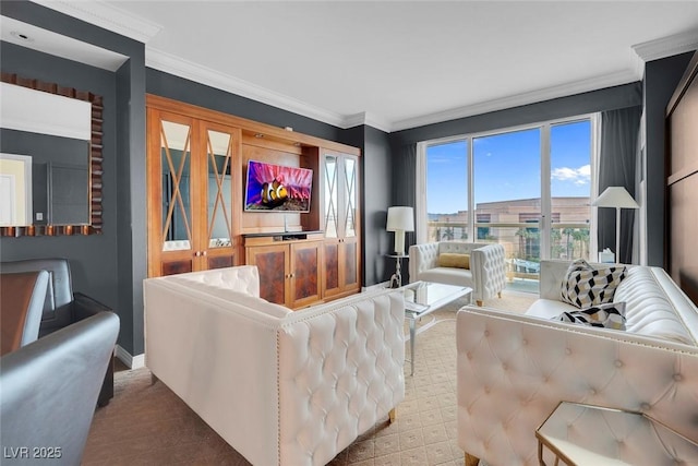 living area with ornamental molding