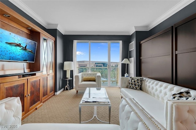 living area featuring visible vents, baseboards, crown molding, and light colored carpet