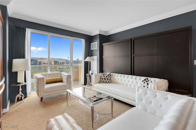 living room with visible vents and crown molding