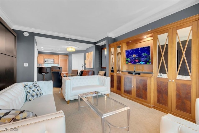 living area featuring ornamental molding