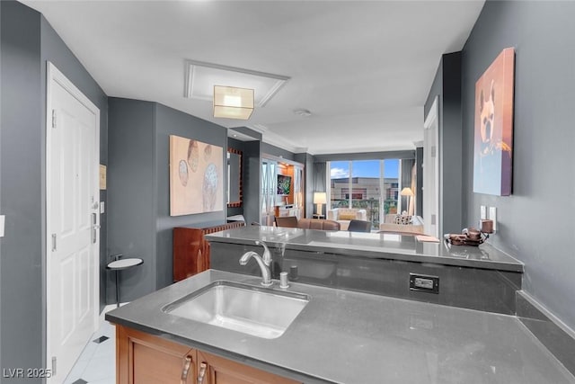 kitchen featuring a peninsula, open floor plan, and a sink