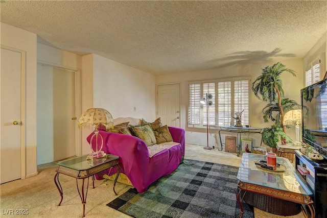 carpeted living room featuring a healthy amount of sunlight and a textured ceiling