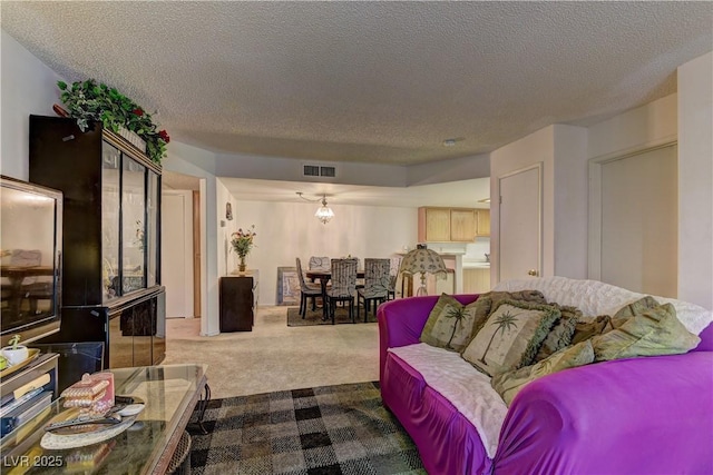 living room with light colored carpet and a textured ceiling