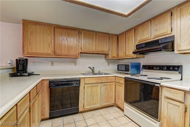 kitchen with dishwasher, sink, light tile patterned flooring, and white range with electric cooktop