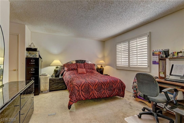 carpeted bedroom with a textured ceiling