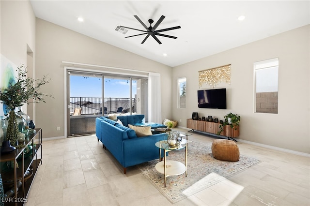 living room with vaulted ceiling and ceiling fan