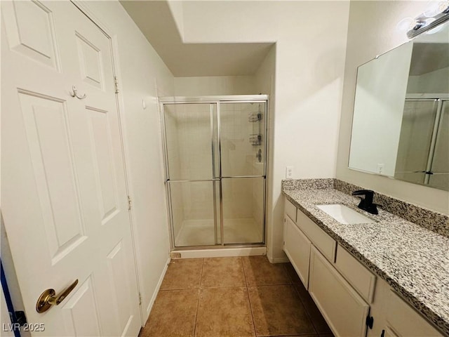 bathroom with vanity, tile patterned floors, and walk in shower