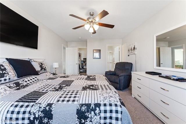 bedroom with light colored carpet and ceiling fan