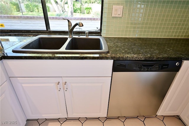 kitchen featuring white cabinetry, sink, stainless steel dishwasher, and decorative backsplash