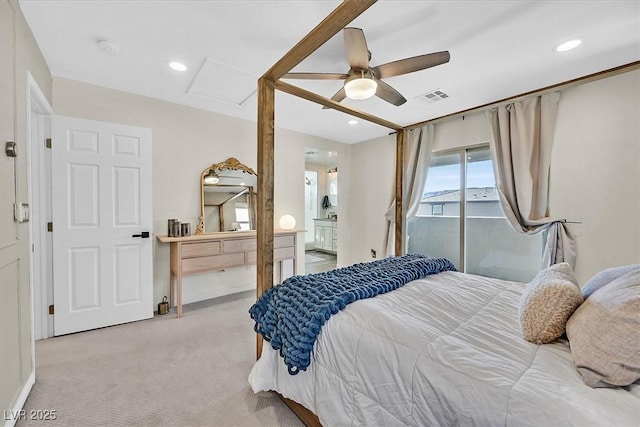 carpeted bedroom featuring ceiling fan, ensuite bathroom, and access to exterior