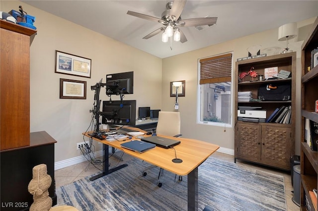 tiled office with ceiling fan