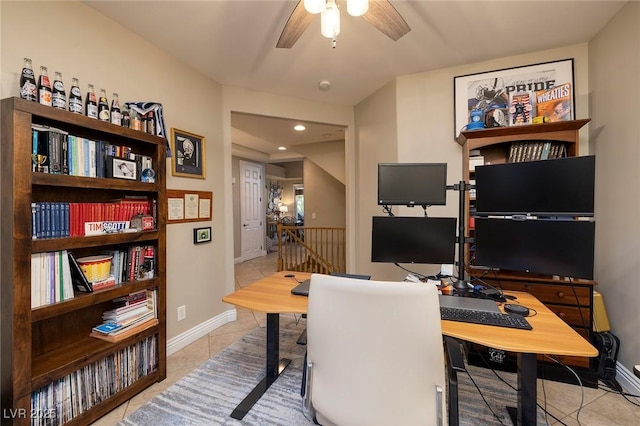 office area featuring ceiling fan and light tile patterned floors