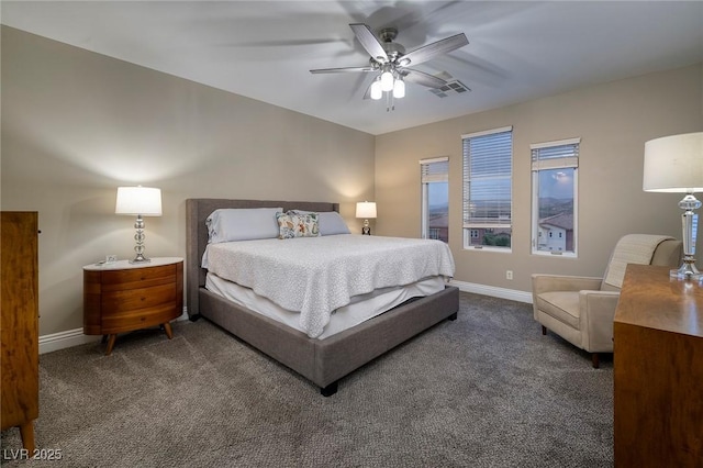 bedroom with ceiling fan and carpet