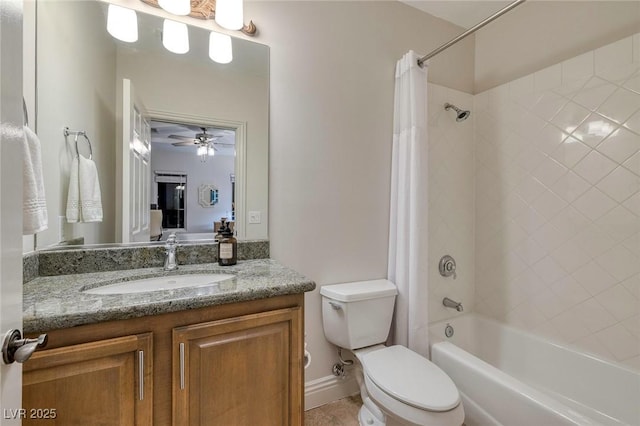 full bathroom featuring vanity, ceiling fan, shower / bath combo, and toilet