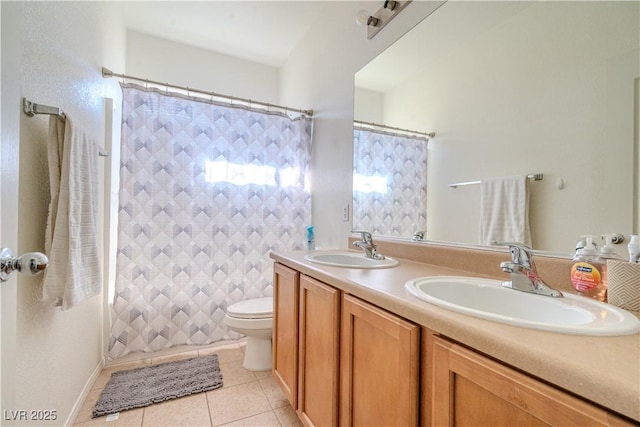 full bathroom with vanity, toilet, tile patterned flooring, and shower / bath combo