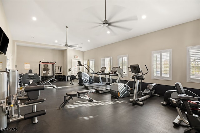 workout area with ceiling fan