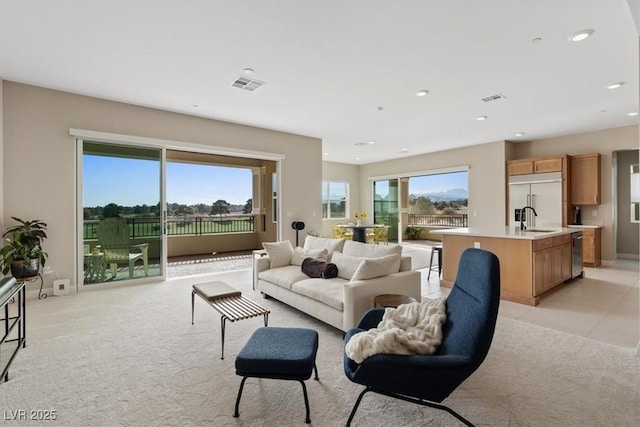 carpeted living room featuring sink and a wealth of natural light