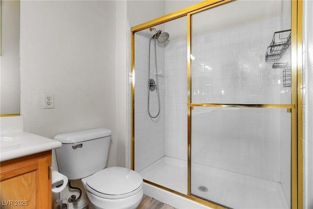 bathroom featuring vanity, toilet, and an enclosed shower