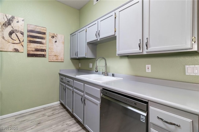 kitchen featuring sink, stainless steel dishwasher, light hardwood / wood-style floors, and gray cabinetry