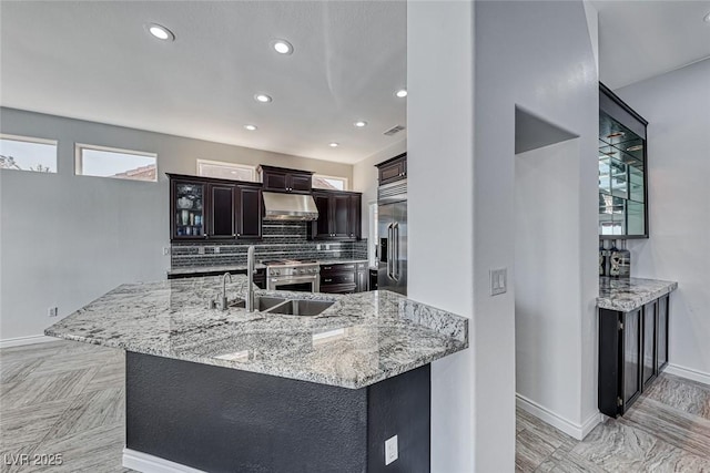 kitchen with light stone countertops, under cabinet range hood, backsplash, and a sink