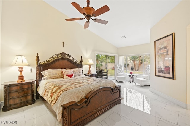 bedroom featuring ceiling fan, access to exterior, and high vaulted ceiling