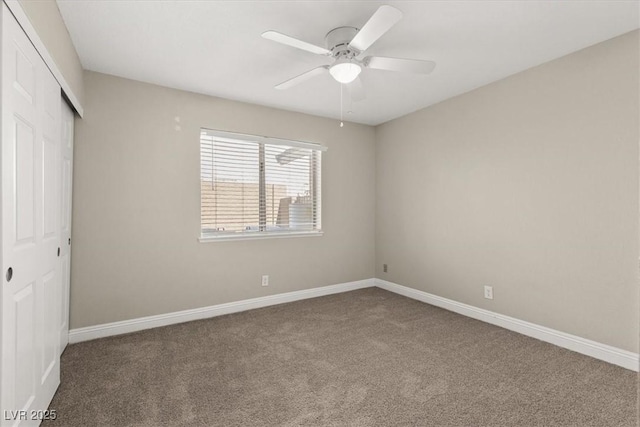 unfurnished bedroom with carpet, ceiling fan, and a closet