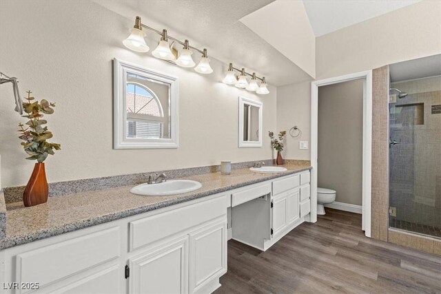 bathroom with hardwood / wood-style flooring, vanity, an enclosed shower, and toilet