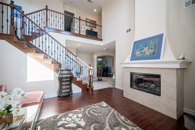 foyer with a fireplace