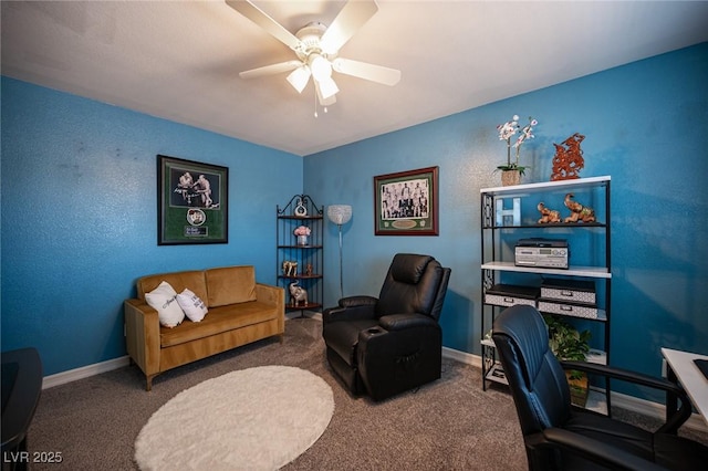 home office featuring carpet floors and ceiling fan