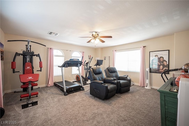 exercise room with carpet flooring and ceiling fan