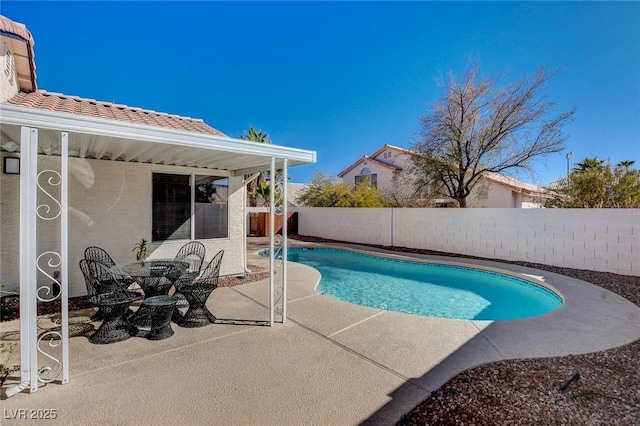 view of swimming pool with a fenced in pool, a patio area, and a fenced backyard