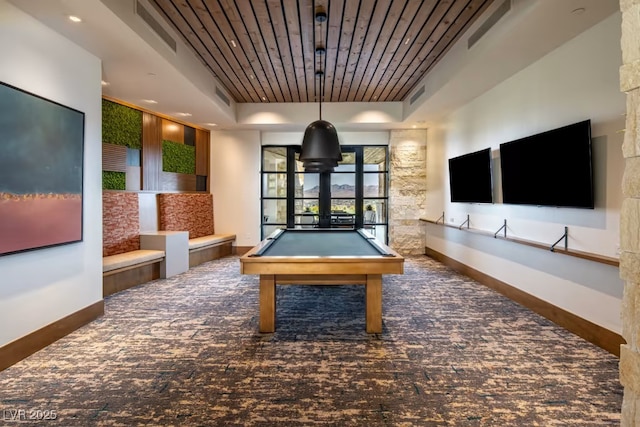 playroom with pool table, wooden ceiling, and a tray ceiling