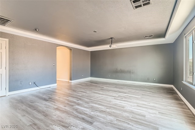 spare room with light hardwood / wood-style flooring, a raised ceiling, and a textured ceiling