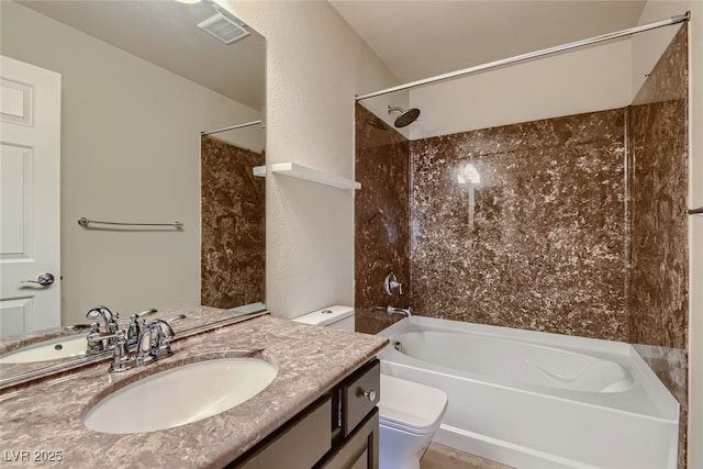 full bathroom featuring shower / tub combination, vanity, and toilet