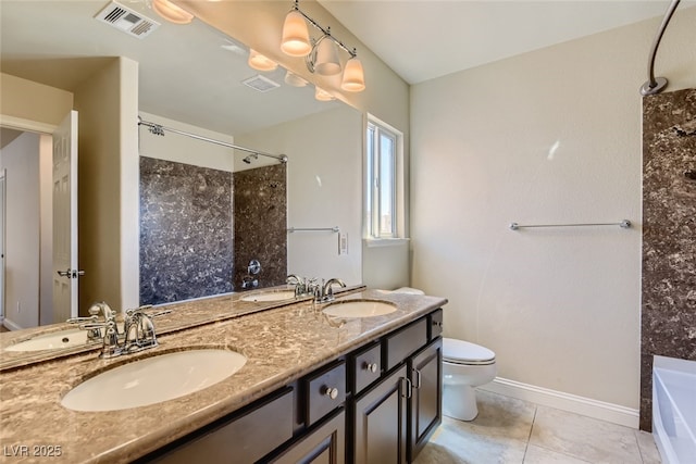 full bathroom featuring vanity, tile patterned flooring, toilet, and separate shower and tub